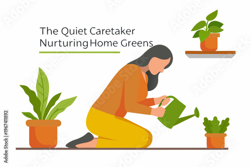 Woman kneeling to water indoor plants with a green watering can