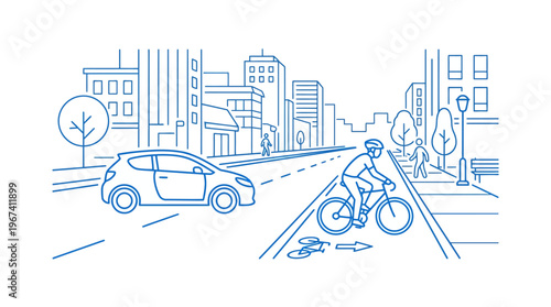 City Street Scene with Car and Bicyclist Commuting Past Buildings in Urban Environment