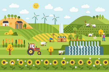 Fototapete Bauernhof Lebhafte Felder mit Höfen und Windmühlen  © Tasnim