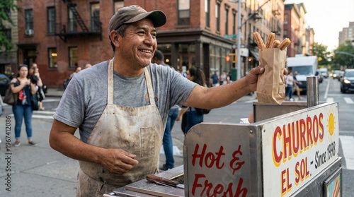 Street vendor selling churros with a smile in urban setting for Cinco de Mayo  