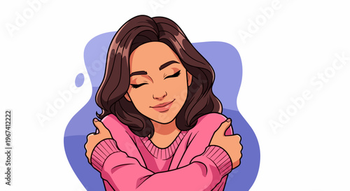 Young woman demonstrates self love, hugging herself with closed eyes and peaceful smile, wearing pink sweater. Self love expression conveys inner peace, comfort.