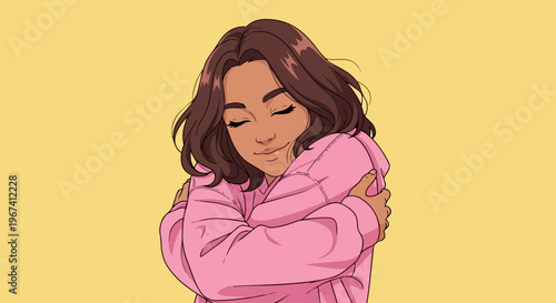 Woman embracing self love, hugging herself with eyes closed, expressing comfort and inner peace. Manifesting self love through gentle embrace, celebrating emotional well being and positive attitude.