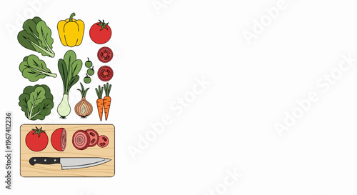 Illustration of fresh vegetables, featuring green lettuce, yellow bell pepper, red tomatoes, onions, and carrots. Preparing fresh vegetables on cutting board with knife and sliced tomatoes.