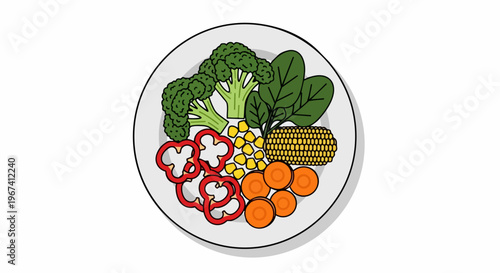 Vegetable plate with fresh broccoli, spinach, red bell pepper, yellow corn, orange carrots. Vegetable plate offers balanced nutrition from colorful produce, ideal for healthy lifestyle.