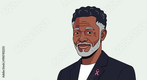 Older Black man, pink ribbon, shows breast cancer support. Smiling mature gentleman in suit jacket demonstrates breast cancer support, symbolizing health.