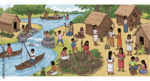 Indigenous village life shown with people engaged in daily activities, building huts, farming, and traveling on a river. Traditional indigenous village life depicts a community working together,