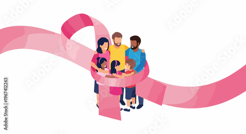 Family embracing within pink ribbon, symbolizing breast cancer awareness. Diverse family members show unity, support for women's health during breast cancer awareness campaign.