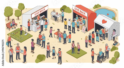 Isometric depiction of busy charity event with diverse people volunteering and receiving assistance at outdoor stalls. Charity event fosters community spirit,