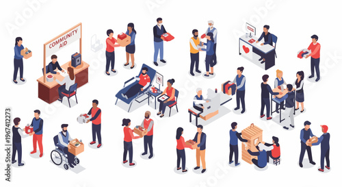 Isometric set shows people in charity donation activities, blood donation, food distribution, and aid for disabled. This wide-ranging charity donation illustrates community support.