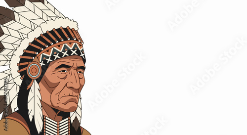 Stylized Indigenous man wearing ornate traditional feathered headdress. Detailed portrait of Indigenous man with cultural adornments, featuring a serious, reflective expression.