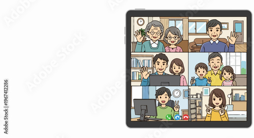 Tablet shows family video conference, generations connecting homes. Individuals wave, smile on screens during video conference, fostering distant contact.