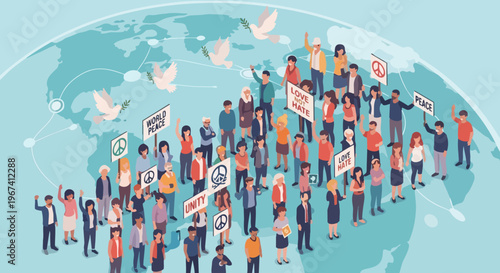 Diverse people gathered for world peace demonstration on stylized globe. Activists hold signs with slogans promoting unity, love, and world peace.