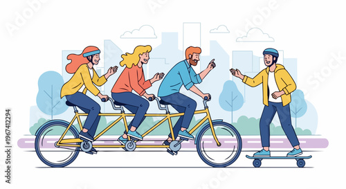 Outdoor activity with friends riding tandem bicycle and skateboarding on city park path. This outdoor activity promotes healthy exercise and social interaction.