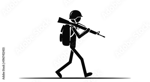 Silhouette of a soldier carrying a rifle and backpack