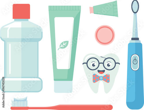 Dental care illustration with toothbrush toothpaste mouthwash electric brush smiling tooth character and oral hygiene accessories set
