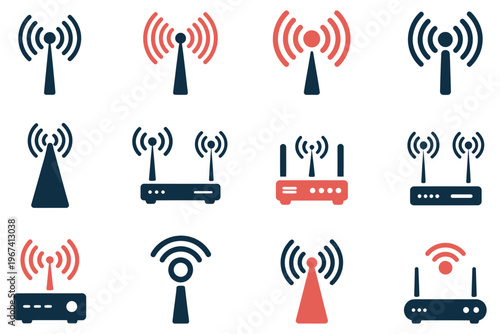 Wireless communication icons collection featuring radio towers and internet routers with signal waves representing connectivity and networking