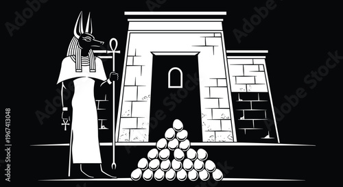 Anubis Egyptian god illustration, ancient Egypt temple scene, mythology guardian figure, black and white vector, pyramids and relics, historical culture design