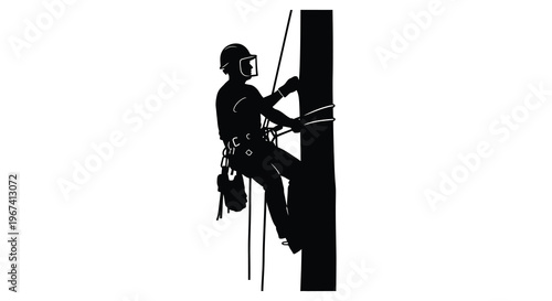 Lineman climbing a utility pole safety equipment visible black silhouette