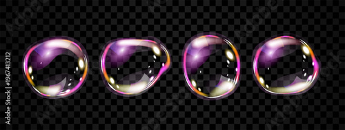 Realistic colored soap bubbles on transparent background. Glossy volume rounded aqua droplet. 3D glass liquid shape with holographic effect. 3D vector illustration.