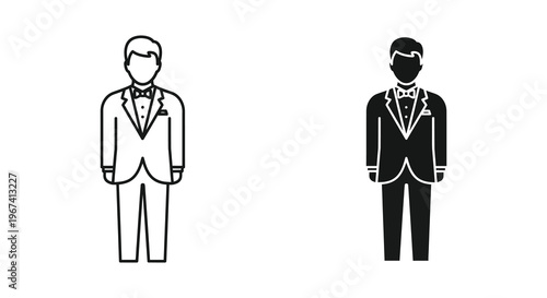 Two formally dressed men depicted in a stark black silhouette