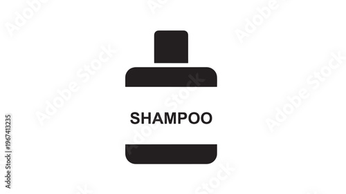 Bottle shampoo icon with black text and cap on white background, representing personal care and hygiene products