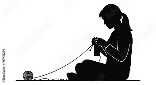 A woman sits and knits yarn depicted in black silhouette