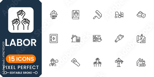 Modern labor icons with construction tools, industrial workers, safety gear, engineering jobs, workforce roles and professional services