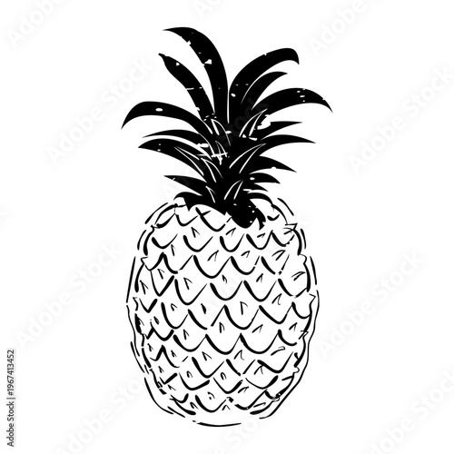 Black and white distressed illustration of a whole pineapple with spiky leaves and textured skin, a tropical fruit graphic design.