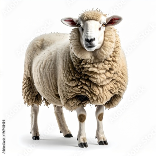 Full length frontal studio portrait of a domestic white sheep with thick curly wool standing on a white background, highly detailed texture of the fleece and facial features.