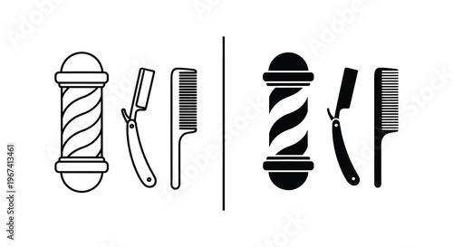 Barber tools and pole design in contrasting black and white silhouette