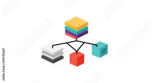 Isometric Illustration of a Data Network Hub Connecting Various Storage and Server Units for Information Distribution