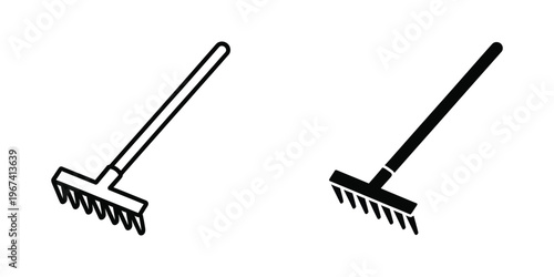 Two garden rakes with different handle designs laid side by side