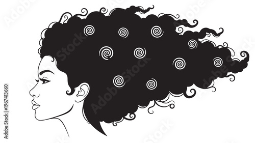 Woman profile with large curly black hair featuring decorative white spirals and flowing strands, isolated on white background