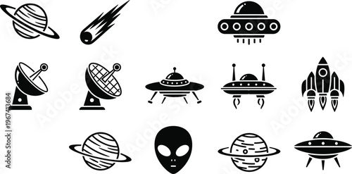 Space and Alien Icons Set Featuring Planets, UFOs, Satellites, Meteor, Rocket, and Alien for Sci-Fi and Astronomy Designs