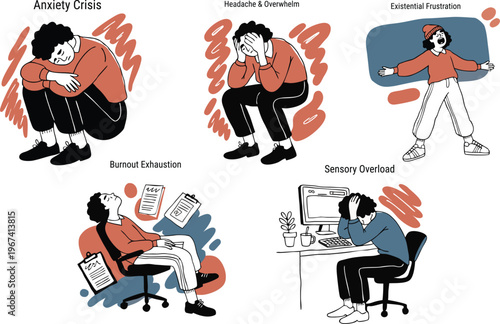 Job Burnout Syndrome Symptoms: Headache, Exhaustion and Sensory Overload. Man feeling overwhelmed. 