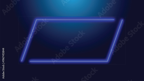 A blue neon light frame on a dark background with a spotlight shining down on it creating a futuristic ambiance
