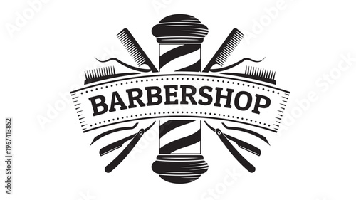 Barbershop logo emblem with striped pole, combs, and straight razors in vintage black and white design.