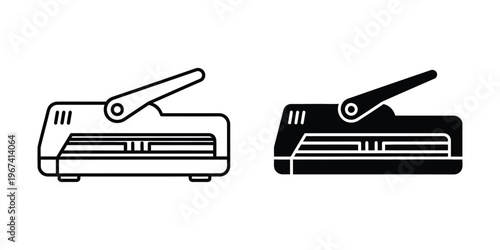 Two different styles of paper laminators illustrated in black and white contrast