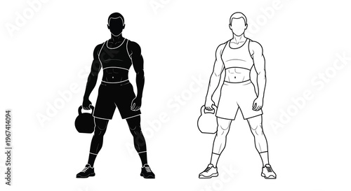 Muscular man lifting kettlebell in contrasting black and white silhouette
