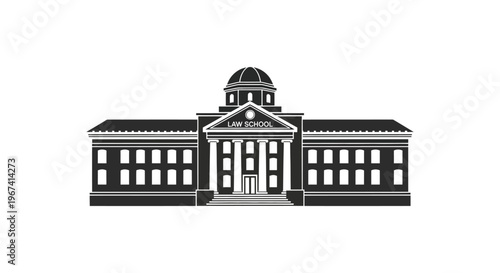 Detailed depiction of a law school building in a stark silhouette