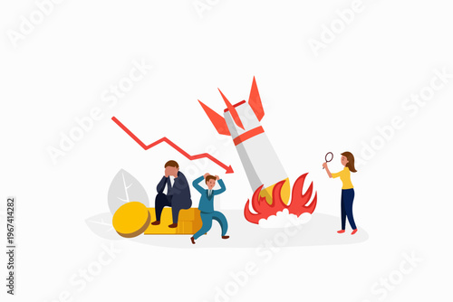 Startup Rocket Crash. Team Of Young Unhappy People Sad About Launching Not Working Project, Management Failed To Achieve Profit