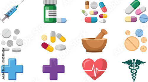 Medical and pharmaceutical icons set with pills capsules syringe medicine bottle healthcare symbols and treatment elements illustration