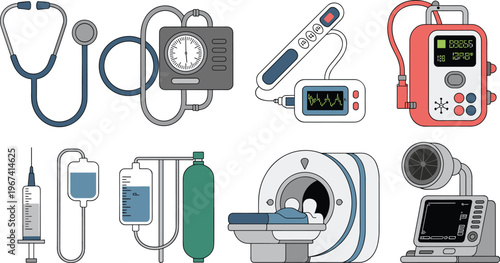 Medical equipment and hospital device icon set with stethoscope, monitor, infusion, MRI scanner, diagnostics and healthcare technology illustration