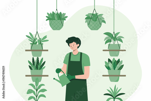 A man tending to hanging and shelf plants in a green space