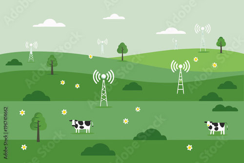 Pastoral scene depicting cows and multiple cellular towers in a field