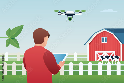 A farmer uses a tablet to operate a drone over a rural landscape