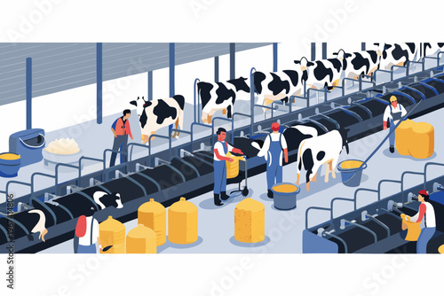 Modern dairy farm with workers and cows in a geometric style