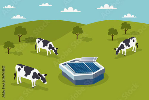 Cows grazing near a solar panel water trough in a green pasture