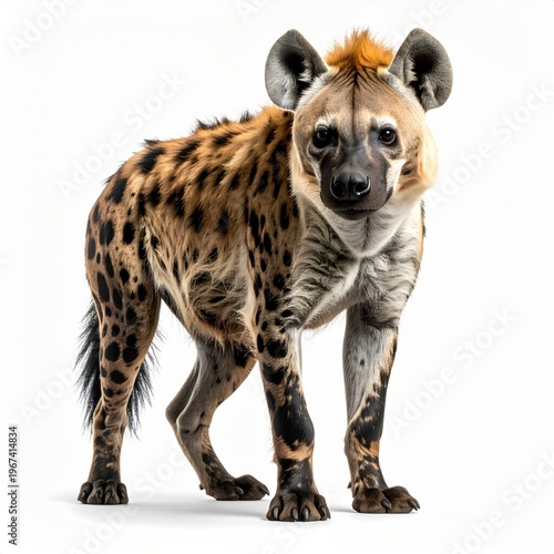 Full body studio portrait of a spotted hyena standing isolated on a white background, featuring detailed spotted fur, large rounded ears, powerful paws, and characteristic mane.