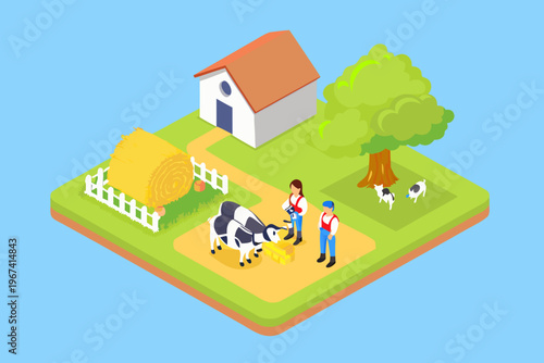 Isometric farm scene with house animals and people interacting